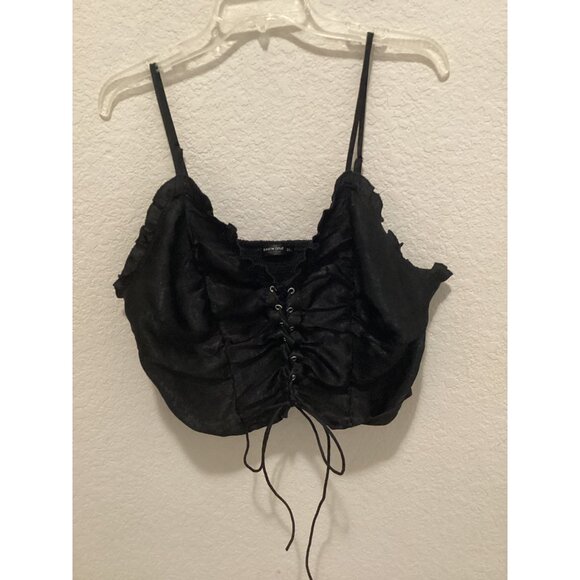 Shein Black Ruched Lace-Up Front Cropped Tank Top W/ Adjustable Spaghetti Straps - Picture 2 of 4